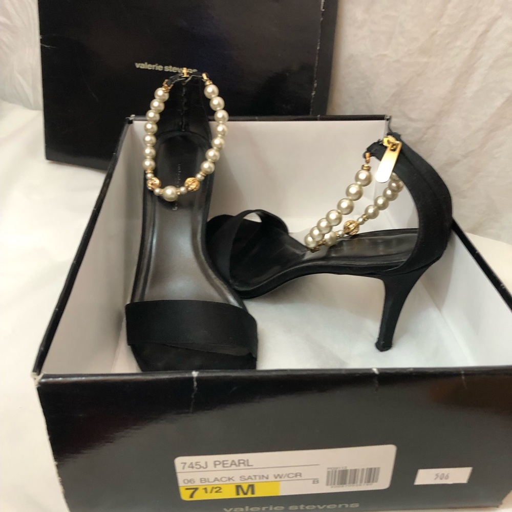 Valerie Stevens Pearl cuff black satin heels